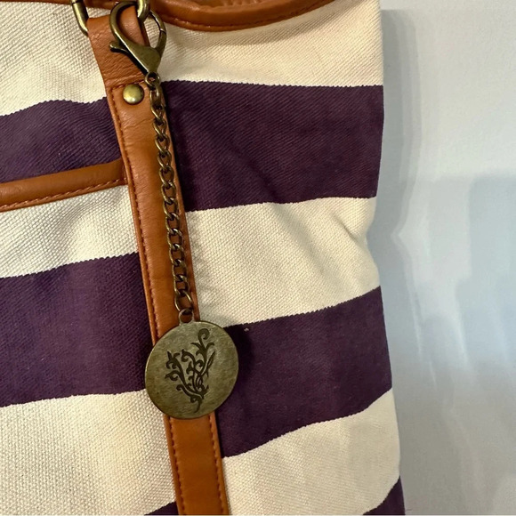 Younique Beach Style Purple & Tan Stripe Canvas Tote Bag GUC - Picture 4 of 8